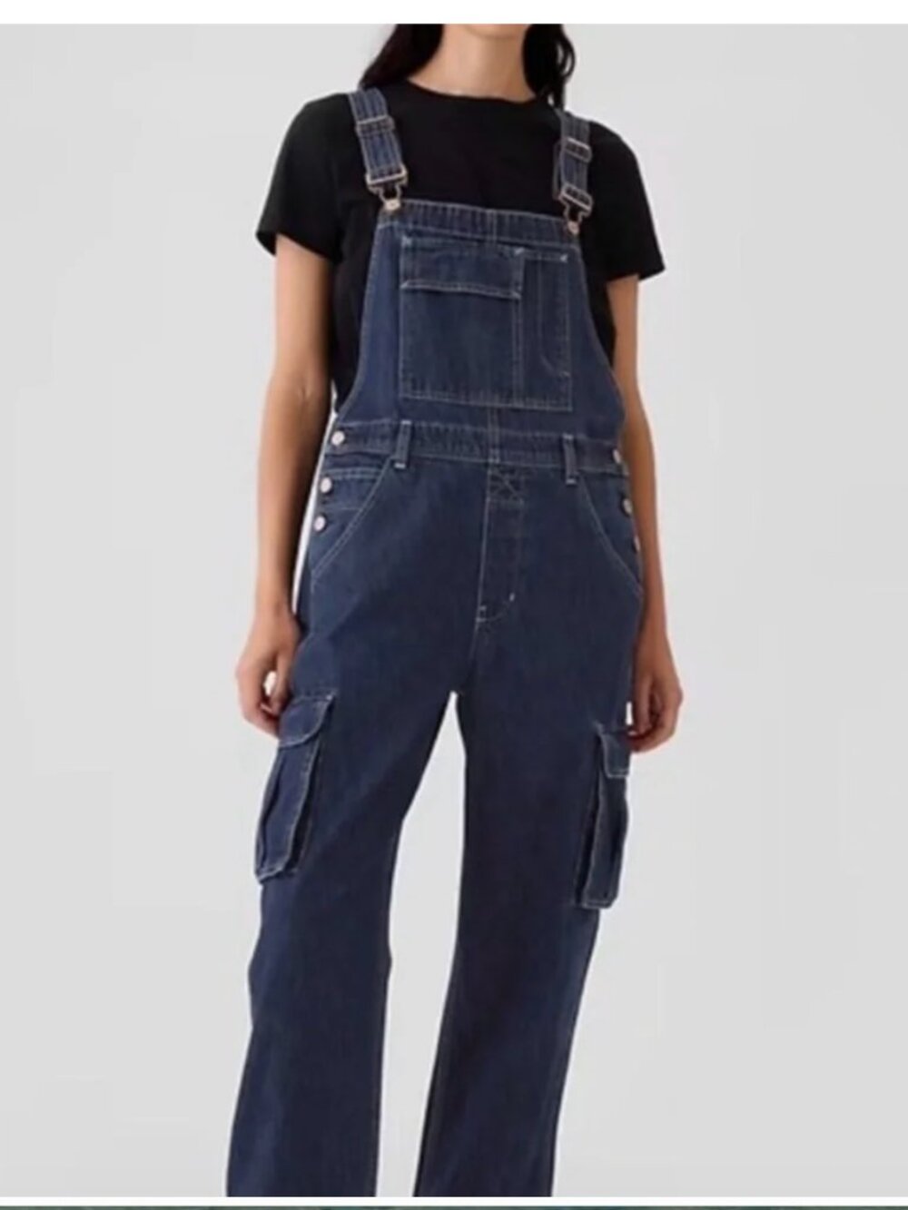 GAP NEVER WORN Relaxed Denim Cargo Overalls Petite L Rinsed Blue Fab Pockets